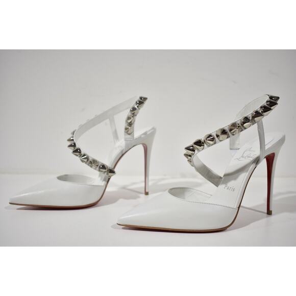 Christian Louboutin Spikita Pump 100 Bianco White Spike Strappy Sandal Heel 37.5 - Picture 6 of 8